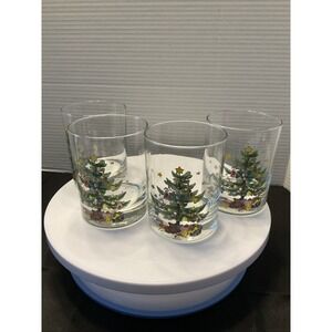 Vintage Nikko 4 Double Old‎ Fashion Drinking Glasses 14 oz Christmas Tree Design